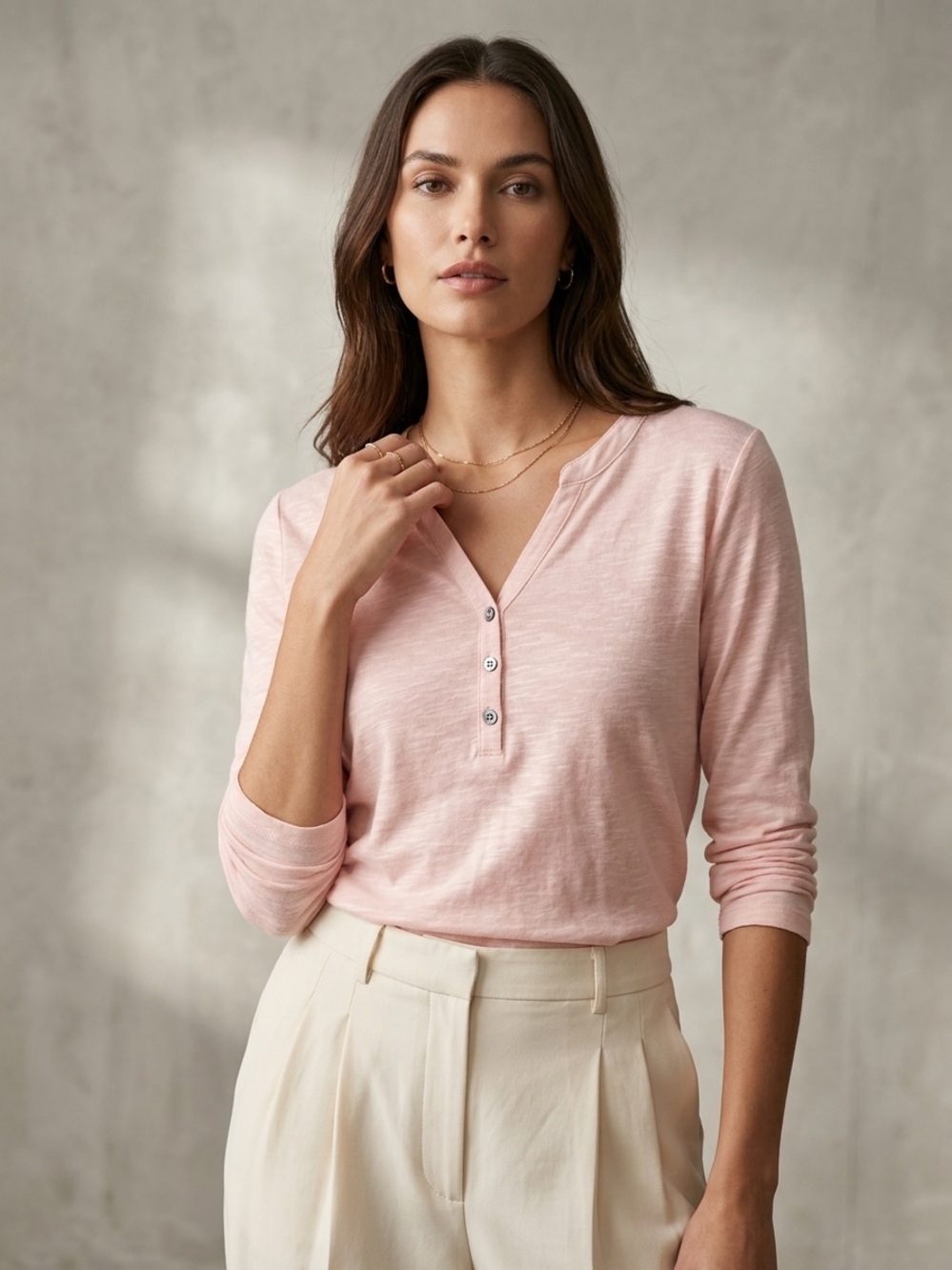 Washed Pink Henley Long-Sleeve Top